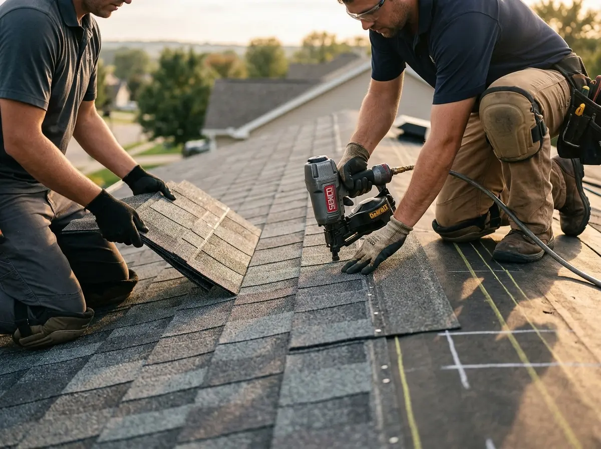 Professional roofer working on a residential roof in Arkansas City